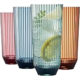Khen Plastic Acrylic Ribbed Drinking Glasses – Set of 4 Multicolor 11.8oz Tritan Tumblers, European Style Shatterproof Drinkware – Durable, BPA-Free, Dishwasher Safe, Stackable & Unbreakable Cups