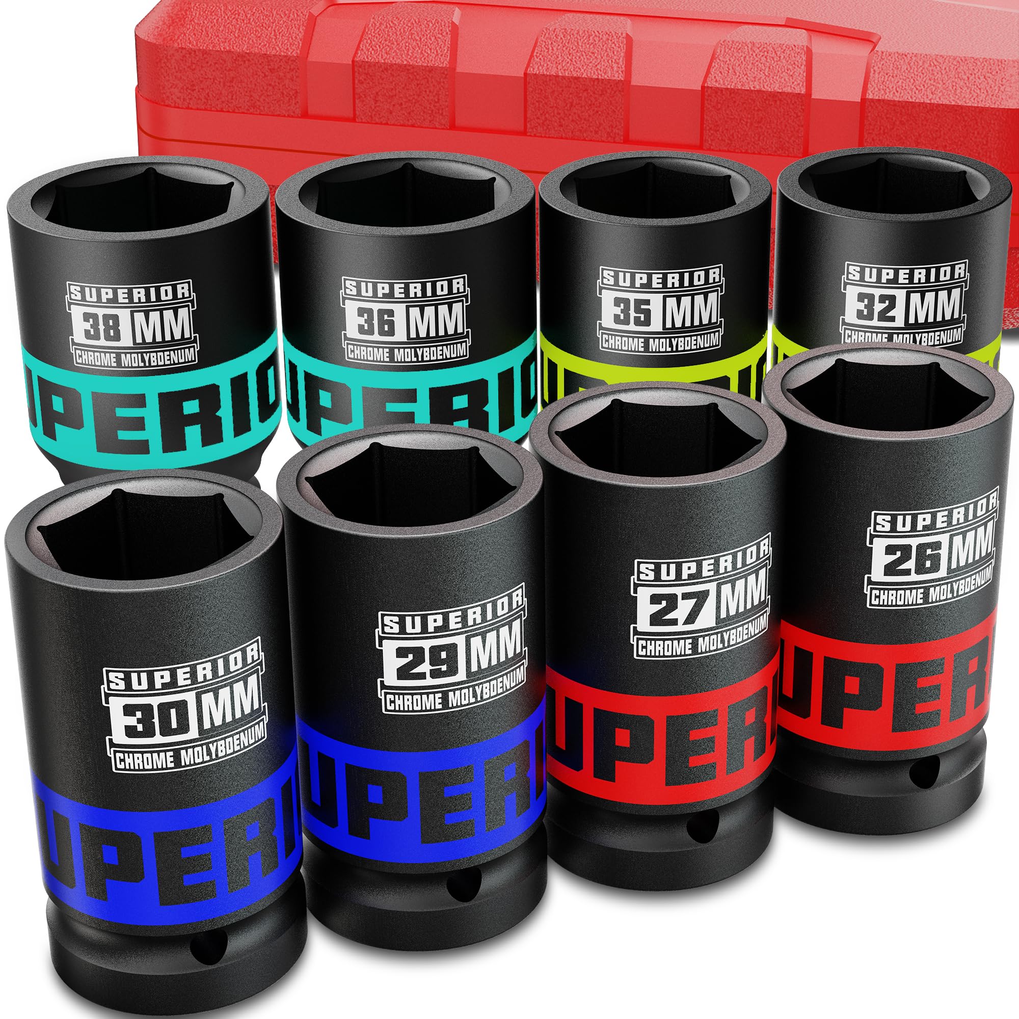 KIRXST 3/4 Inch Drive Impact Socket Set, 8 Piece Deep Sockets 26-38 mm, Metric Socket Set for Automotive Trucks Tractors Engines Repairing DIY Mechanic Tool