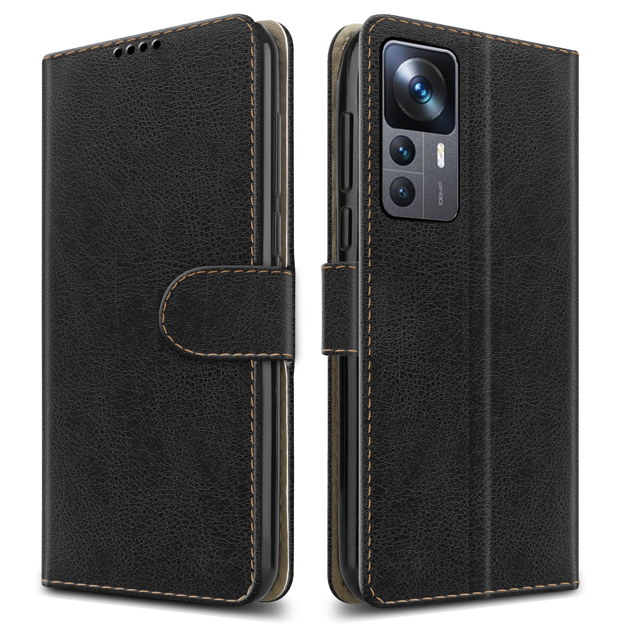 PIXFAB For Xiaomi 12T & 12T Pro Leather Phone Case, Magnetic Closure Full Protection Book Folio Design, Wallet Case Cover [Card Slots] and [Kickstand] For Xiaomi 12T & 12T Pro (5G) - Black