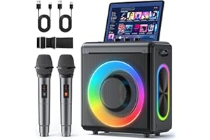 VERKB Karaoke Machine with 2 Wireless Microphones: Portable Bluetooth Speaker for Adults & Kids - PA System with Lights Supports TWS/TF Card/USB/AUX for Home Party-Stage Monitors
