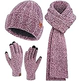 Womens Winter Warm Knit Beanie Hat Touchscreen Gloves Long Neck Scarf Set with Fleece Lined Skull Caps Gifts for Women