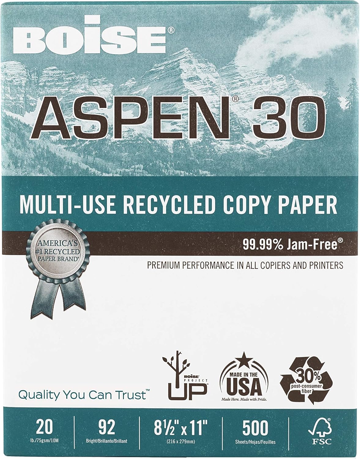 BOISE ASPEN 30% Recycled Multi-Use Copy Paper, 11" x 17", Ledger, 92 Bright, 20 lb, Ledger, 5 Ream Carton (2500 Sheets) : Multipurpose Paper : Office Products