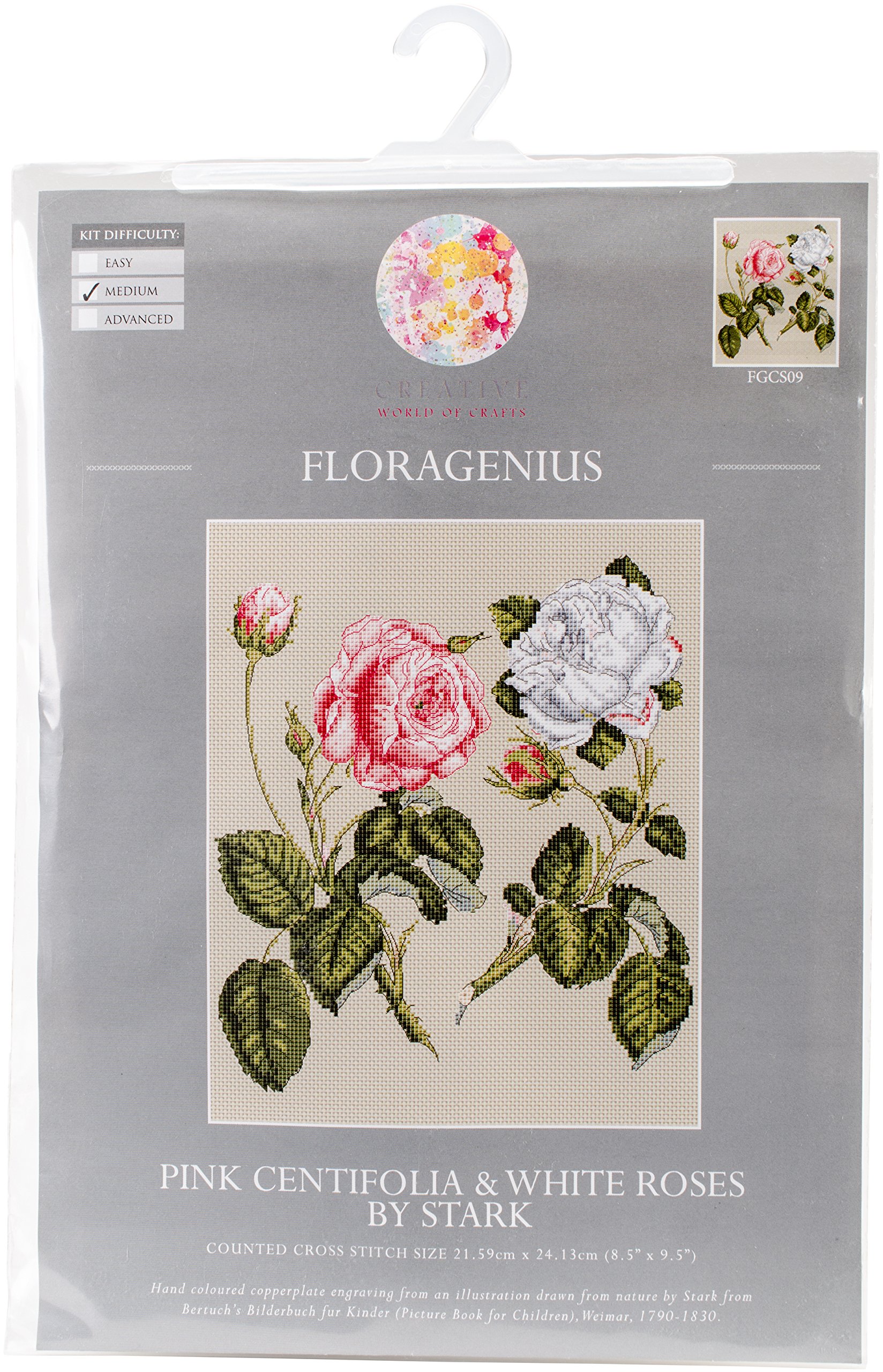 Creative World of Crafts Floragenius Counted Cross Stitch Kit, Fabric, Pink Centifolia Rose & White Unique Rose, 8.5 x 9.5-Inch