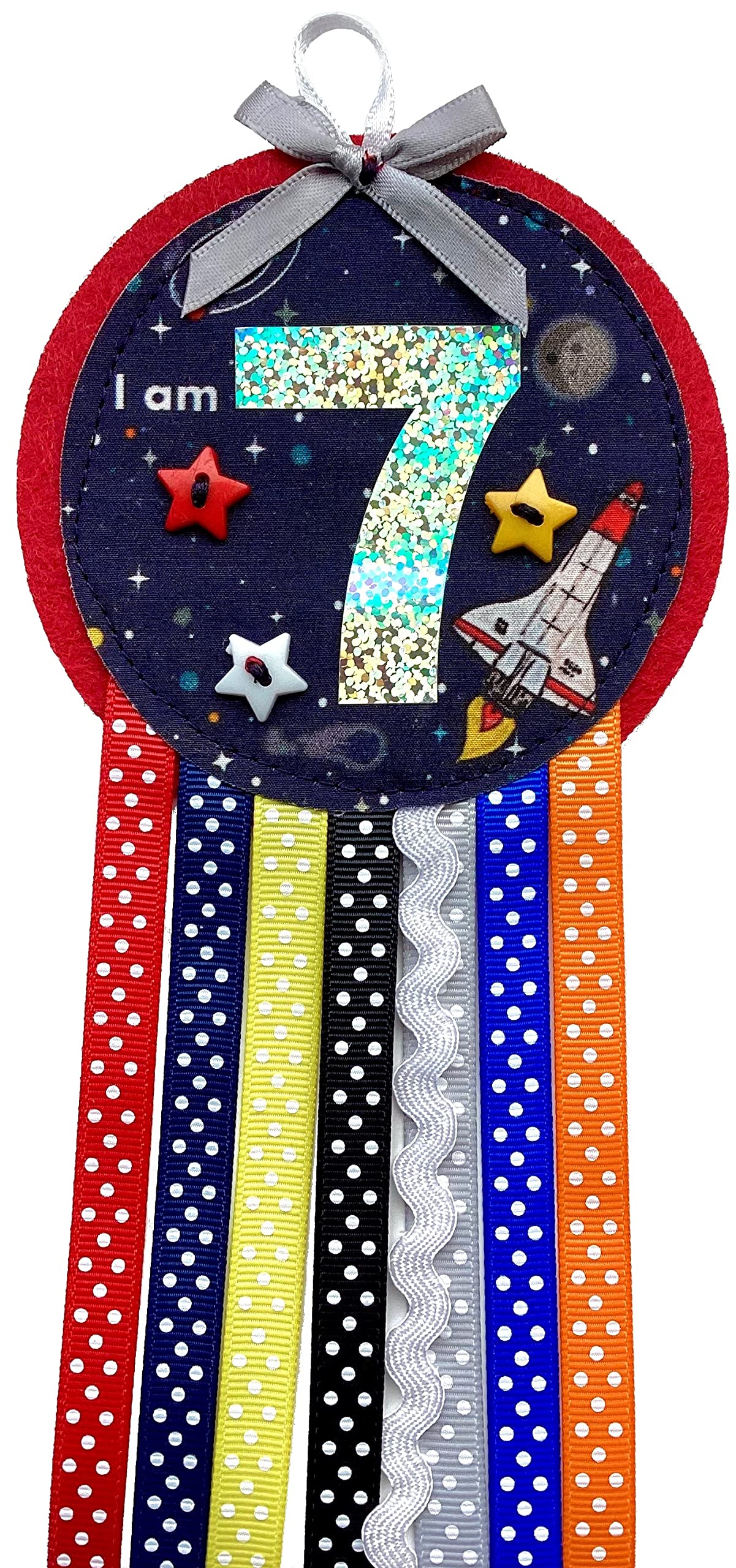 Ditsy Rosettes Space Shuttle Rockets Birthday Rosette Badge - Age 3, 4, 5, 6, 7, 8, 9 - Perfect Party Gift card – Birthday Boy, Birthday Girl (Age 7)
