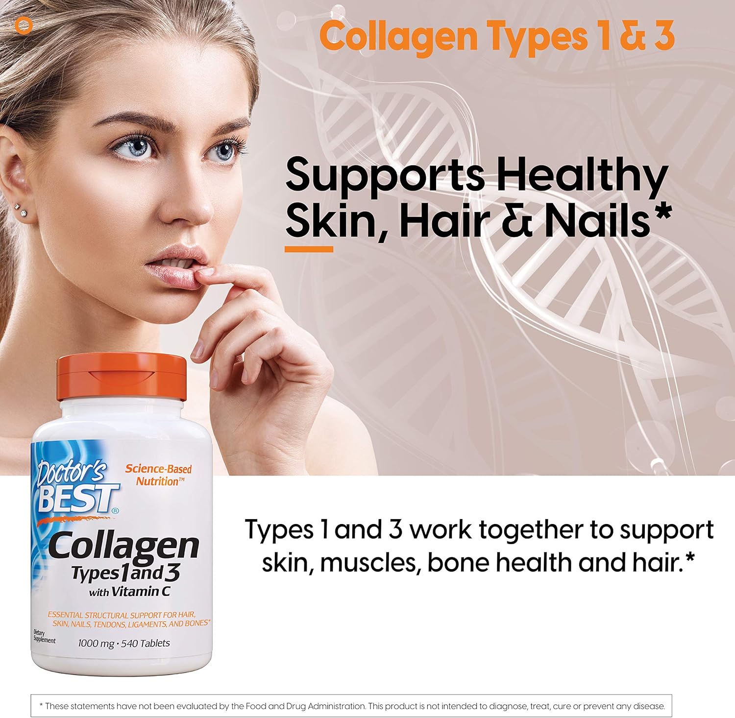 Doctor's Best Collagen Types 1 & 3 with Peptan, Non-GMO, Gluten Free, Soy Free, Supports Hair, Skin, Nails, Tendons & Bones, 1000 Mg, 540 Tablets: Health & Personal Care