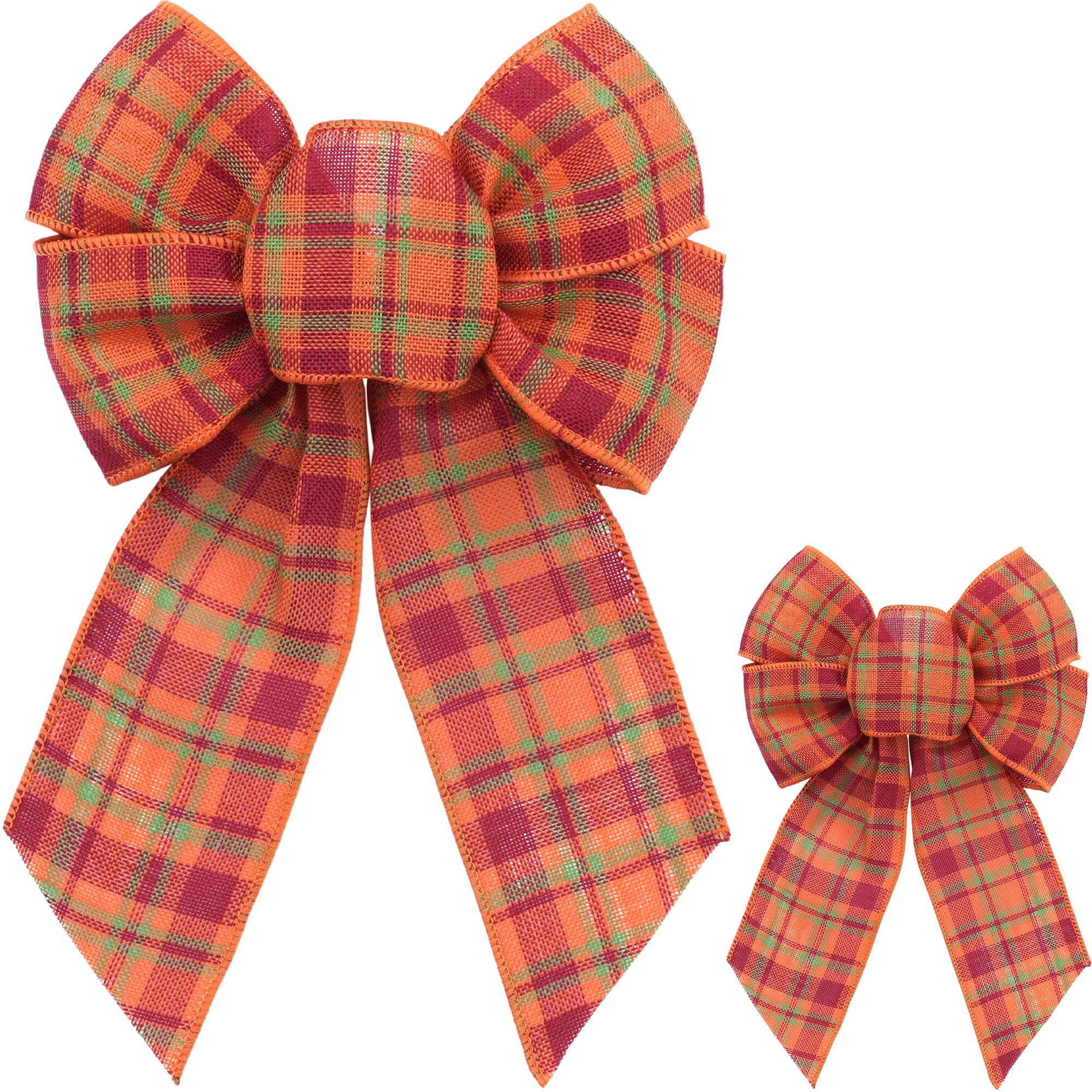 Kutyndrix Fall Bows for Wreaths 2 Pack, Orange Green Harvest Plaid Decor | Burlap-look woven polyester holds its color outdoo