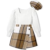 AGAPENG Girl Skirt Sets 3 Piece Outfits Square Neck Jacquard Puff Sleeve Tops Plaid Mini Skirt Shorts Fall Winter Clothes