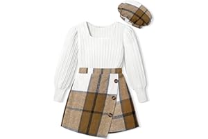AGAPENG Girl Skirt Sets 3 Piece Outfits Square Neck Jacquard Puff Sleeve Tops Plaid Mini Skirt Shorts Fall Winter Clothes
