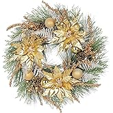 Artificial Christmas Wreath for Front Door - 24 Inch Winter Wreaths Gold Poinsettia with Pine Cones & Ornaments Faux Greenery Wreath for Wall Window Porch Farmhouse Home Holiday Indoor Outdoor Decor