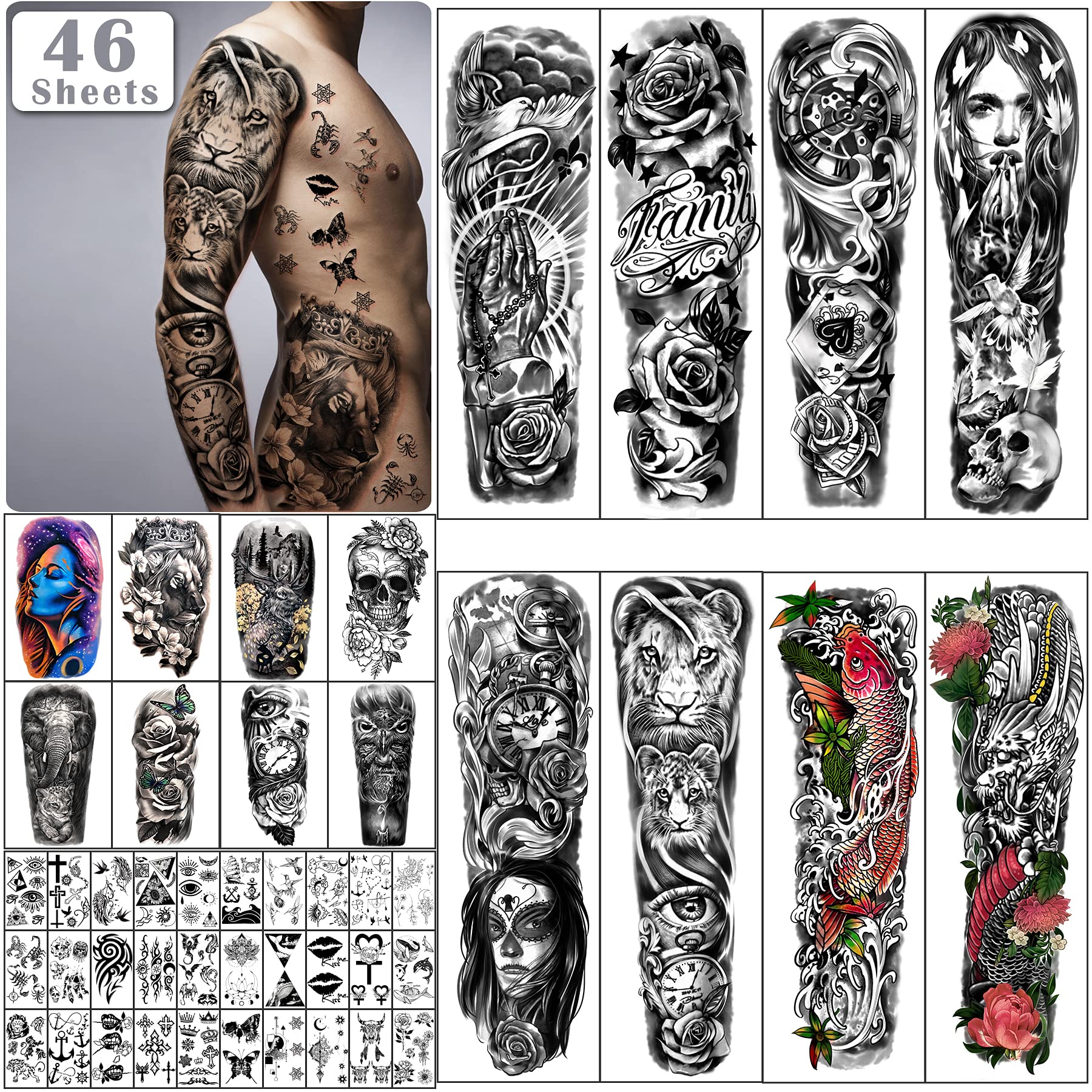 Extra Large Full Arm Waterproof Temporary Tattoos 8 Sheets and Half Arm Shoulder Tattoo 8 Sheets, Tiny 30sheets Lasting Tattoo Stickers for Girls Adult Women or Men (Total 46 sheets)
