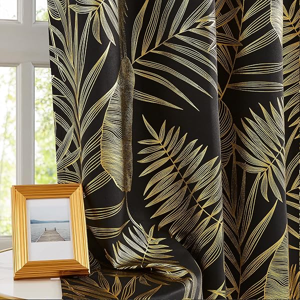 RONALDECOR GOLD LEAF FOIL BLACKOUT CURTAINS 84 INCHES LONG FOR BEDROOM BLACK CURTAIN PANELS ROOM DARKENING THERMAL INSULATED NOISE REDUCING GROMMET WINDOW TREATMENTS SETS, 52″ W, 2 PANELS