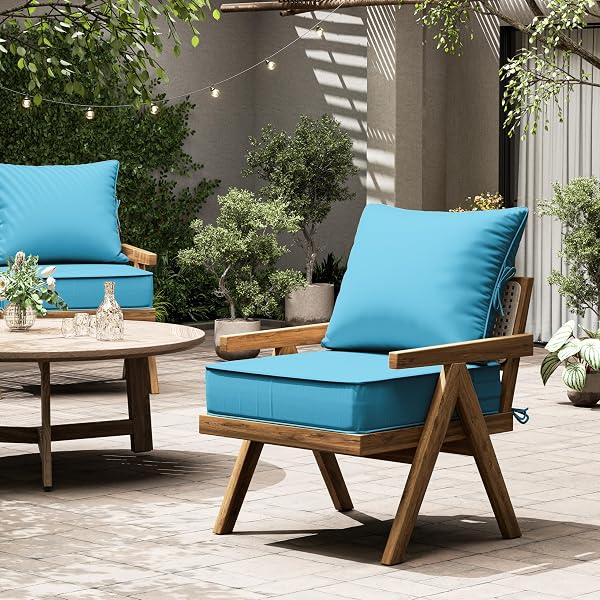 KIMUNUK OUTDOOR SEAT CUSHION SET 22 L × 24 W × 5 H INCH WATERPROOF & FADE RESISTANT PATIO FURNITURE CUSHIONS WITH REMOVABLE COVER WITH HANDLE AND STRAPS FOR SOFA CHAIRS, CHAIRS, LAKE BLUE