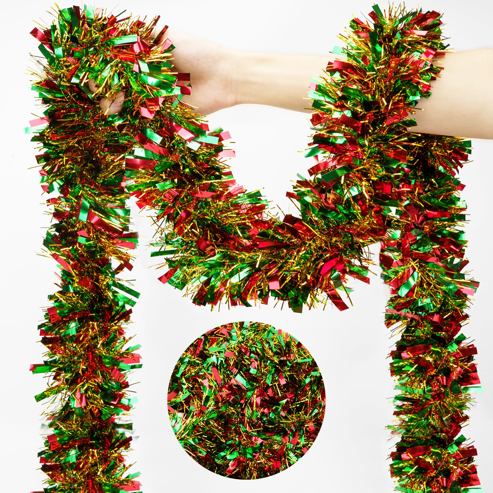 KINGLAKE Christmas Tinsel Garland, 10M x 9CM Red Green Gold Xmas Shiny Decoration, Metal Thick Tinsel for Decorating Christmas Tree, Party, Home