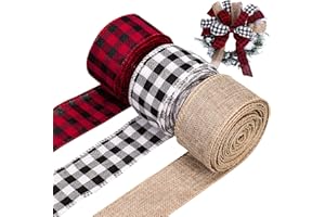 Whaline 3 Rolls Wired Edge Ribbons, 30 Yards x 2 Inches Black Red Plaid Ribbon, Black White Buffalo Plaid Ribbon and Burlap Craft Ribbon for DIY Gift Wrapping, Christmas Fall Crafts Decoration