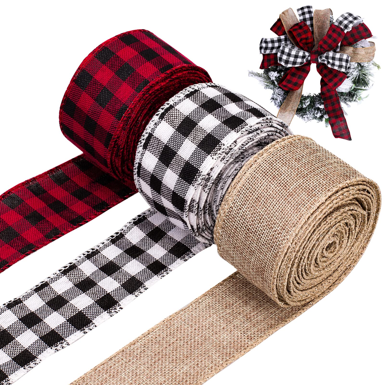 Whaline 3 Rolls Wired Edge Ribbons, 30 Yards x 2 Inches Black Red Plaid, Black White Plaid, Burlap Craft Ribbon for DIY Gift Wrapping, Christmas Fall Crafts Decoration