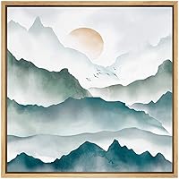 SIGNWIN Framed Canvas Wall Art Birds Flying in Blue Green Clouds with Orange Sun Landscape Wilderness Watercolor Abstract Modern Scenic Relax/Calm for Living Room, Bedroom, Office - 16