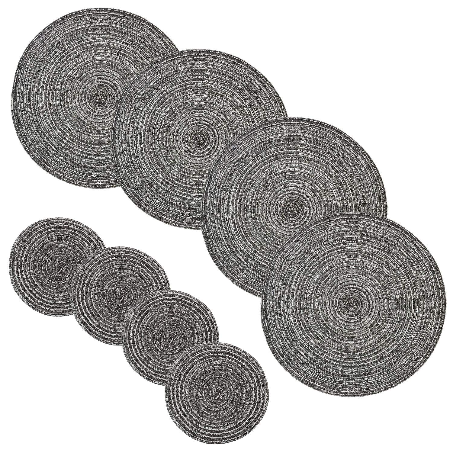 JZK Set of 8 grey braided round table mats and coasters, 4 large round placemat 36cm and 4 small coasters 18cm, outdoor indoor dinner table decorations