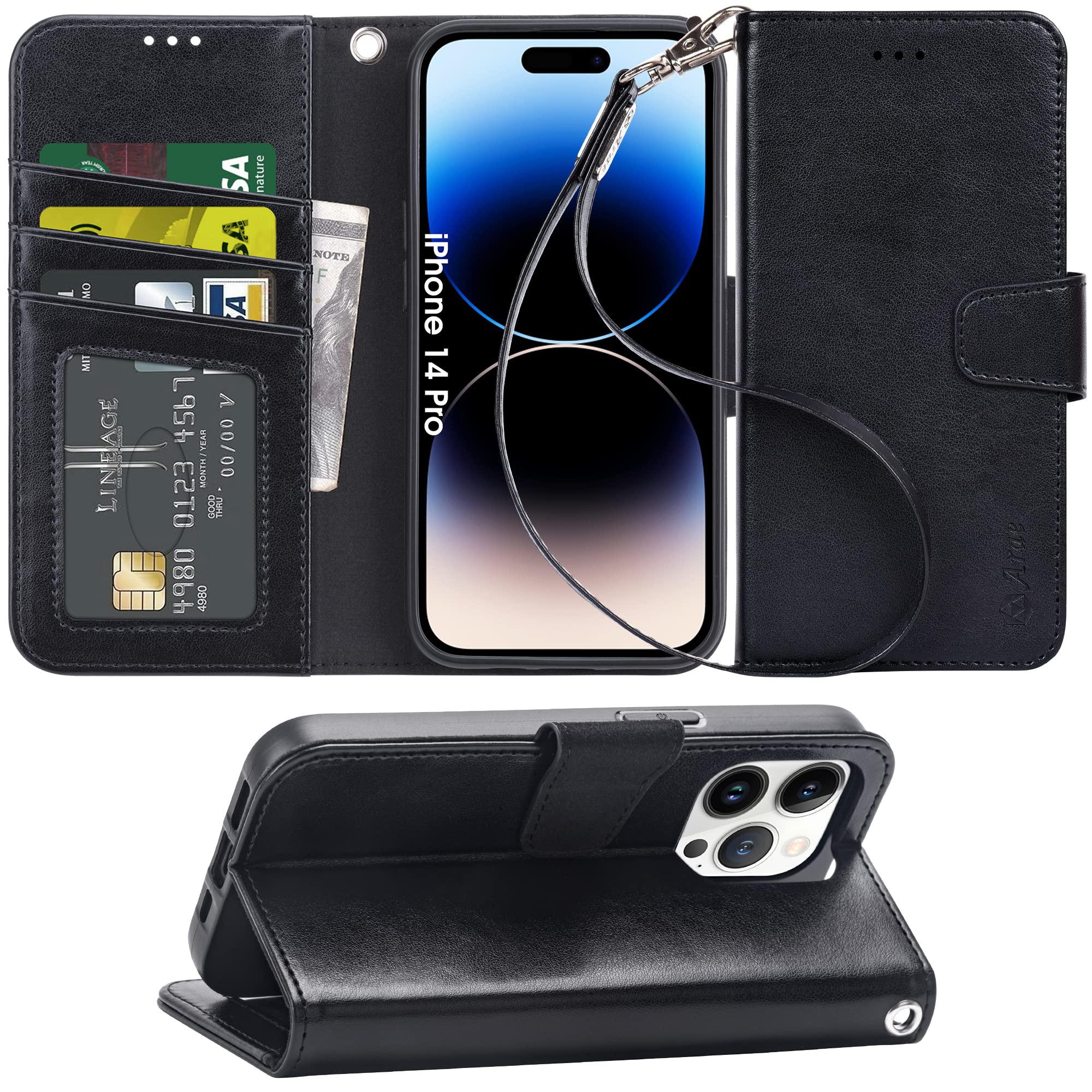 Photo 1 of Arae Compatible with iPhone 14 Pro Wallet Case with Card Holder and Wrist Strap Wallet Flip Cover for iPhone 14 Pro 6.1inch, Black