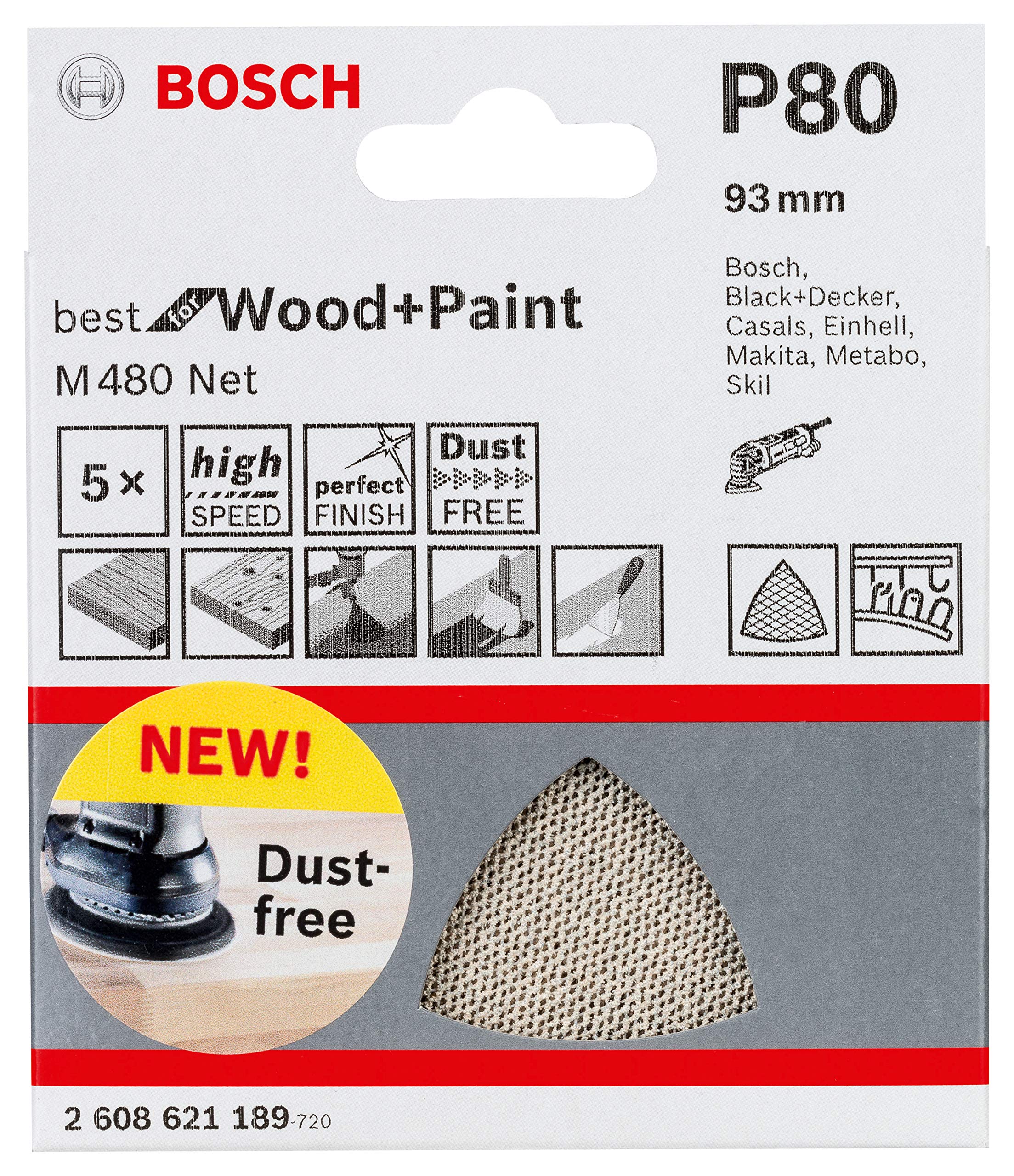 Bosch Professional set of 5 triangular sanding pads M480 Best for Wood and Paint (Wood and paint, Ø 115 mm, grit G80, Accessories for Delta Sander)