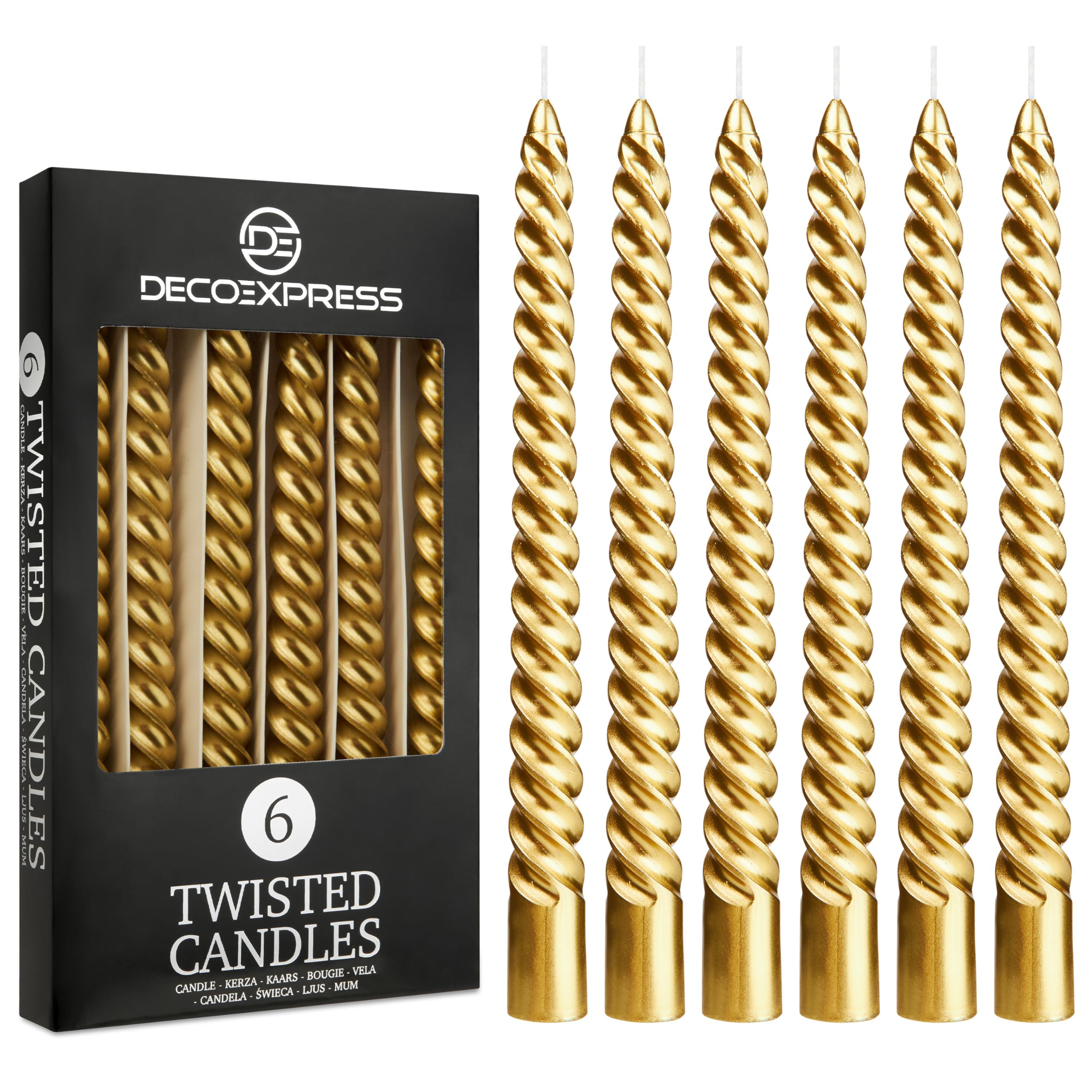 DECO EXPRESS Candles, Pack of 6 Dinner Candles, Non Drip Twisted & Non Scented, Long 6 Hours Burning Time, Cosy Home Decor, Valentine’s Day & Mother’s Day Gifts (Gold, Pack of 6)