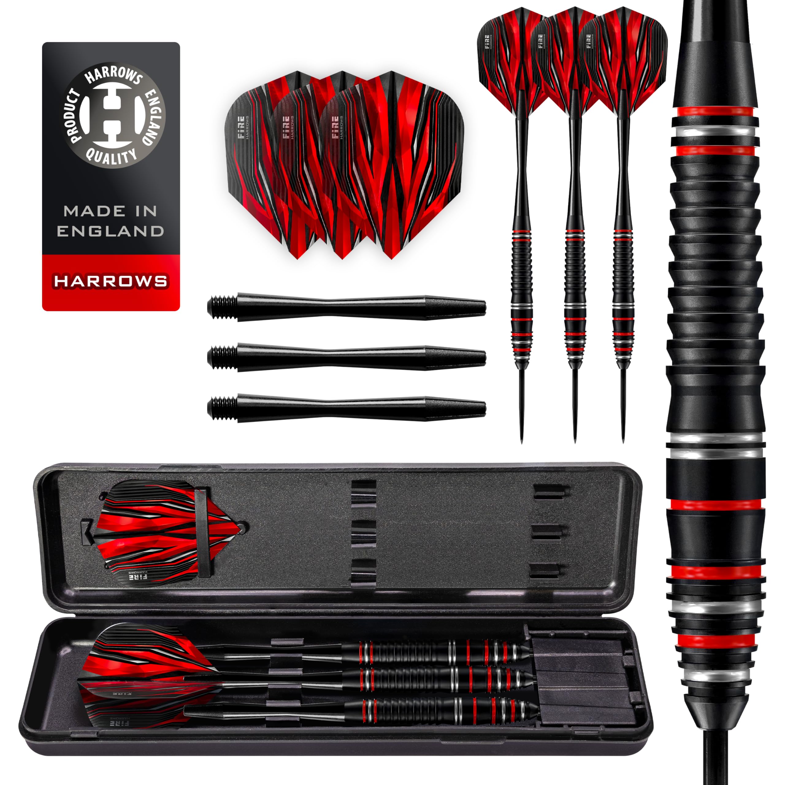 Harrows Fire High Grade Alloy Steel Tip Darts Set 21g, 22g, 23 & 24g - Includes Black Speedline Shafts, Fire Flights & Travel Case (22, Grams)