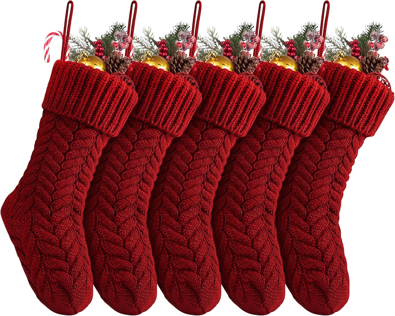 Stockings & Holders - Fesciory 18 Inches Christmas Stockings Bulk, 5 Pack Large Size Cable Knitted Fireplace Hanging Stockings for Family Holiday Xmas Party Decorations, Burgundy