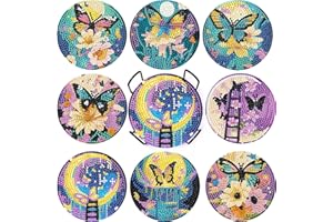 DOTSOPS 8 Pcs Moon Butterflys Diamond Art Coasters with Holder Diamond Painting Coasters Kits for Adults Beginners Diamond Craft for Christmas Birthday Gifts
