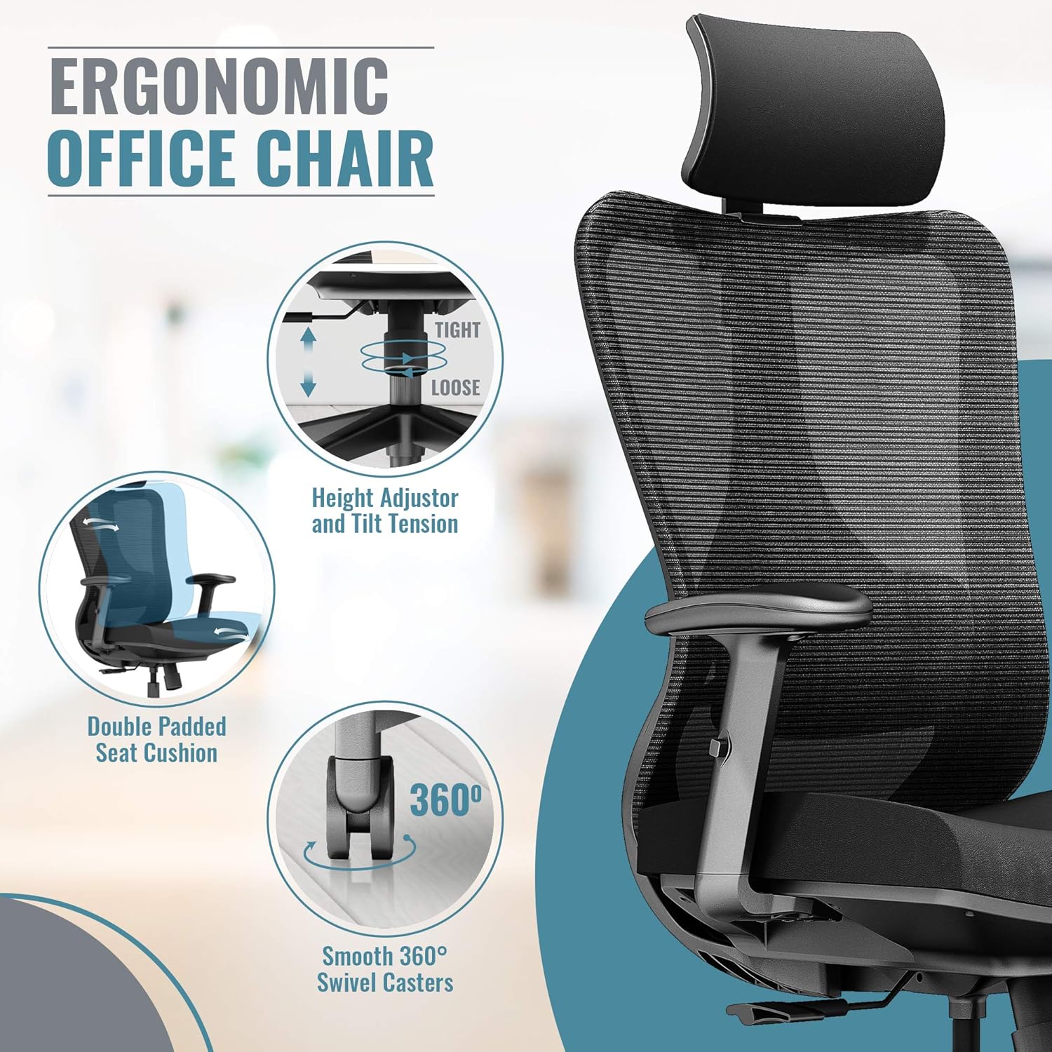 Ergonomic Office Chair Big And Tall High Back - PC Gaming Computer Desk Chair Wheel For Adults Kids Teens - Swivel Adjustable Executive Home Mesh Rolling Comfortable Task Arm Work Chair Lumbar Support: Kitchen & Dining