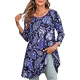 ENMAIN Women's Tops 3/4 Sleeve Dressy Casual Plus Size Tunic Tops to Wear with Leggings Swing Flare T-Shirt Loose Fit Blouses