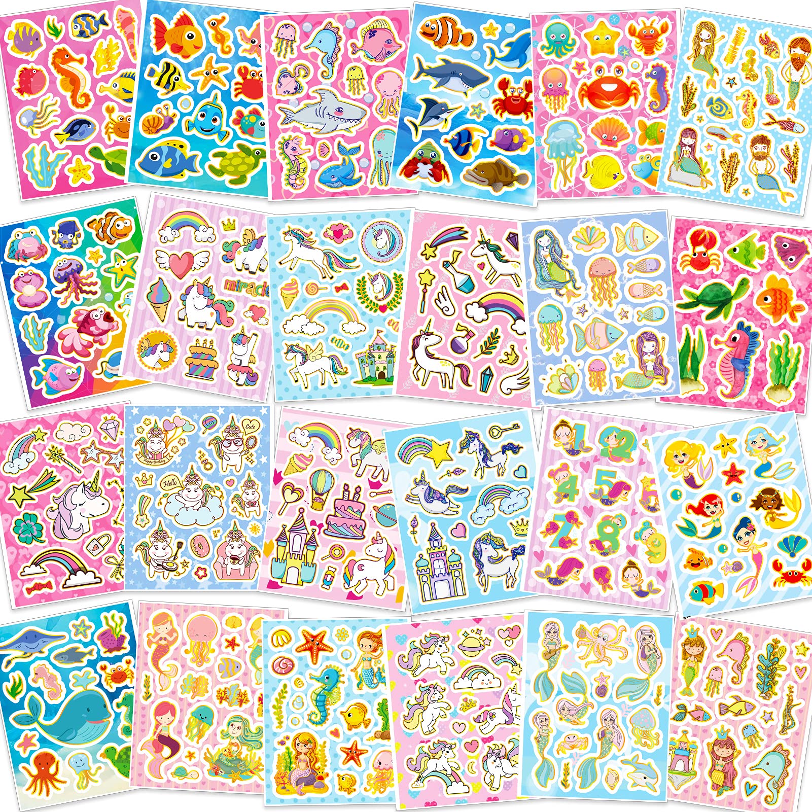 HOWAF 330+ Glitter Stickers for Kids Girls Crafts DIY Scrapbooking Cards, Rainbow Unicorn Mermaid Princess Sea Animal Stickers, 24 Sheet Stickers for Girls Journal Photo Albums Papeterie Water Bottle