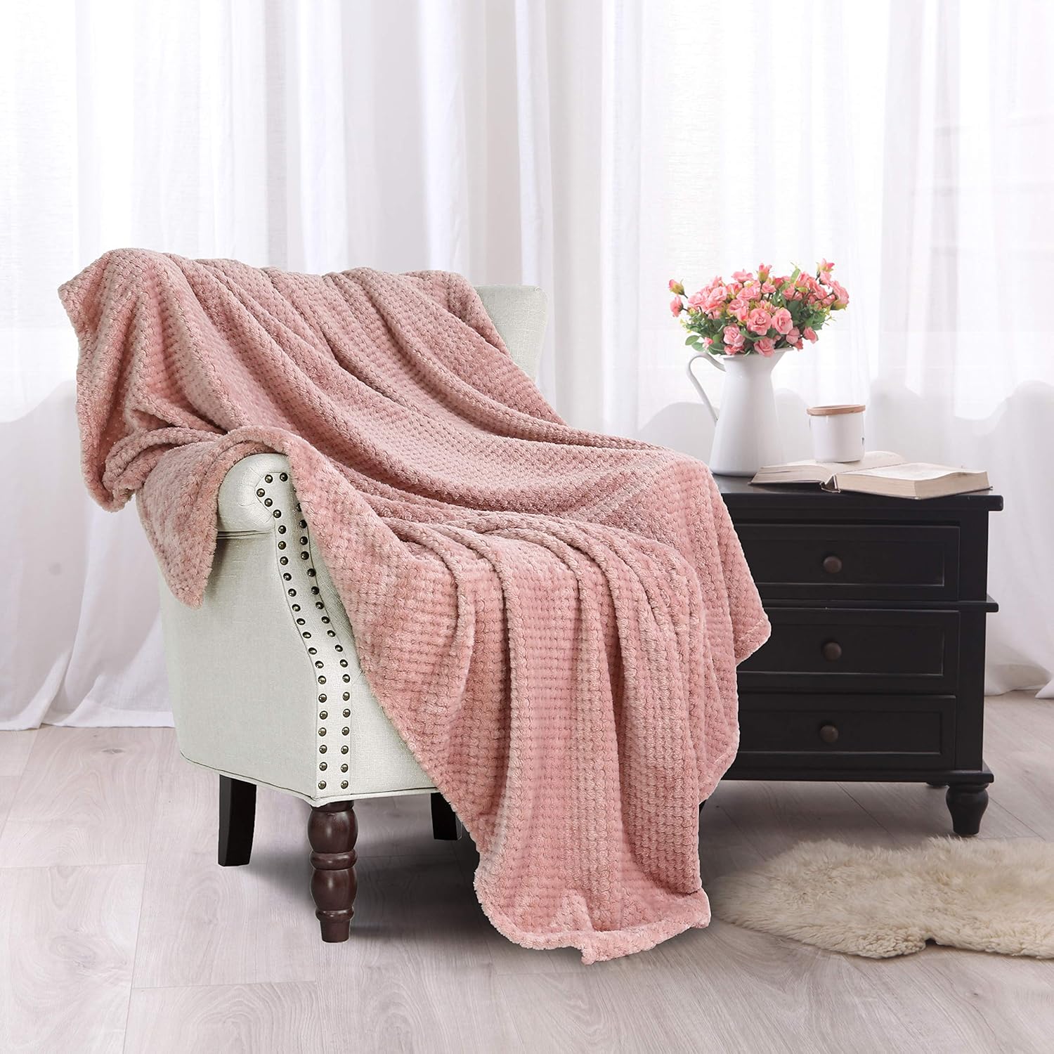 Exclusivo Mezcla Waffle Flannel Fleece Velvet Plush Large Throw Blanket – 50" x 70" (Pink): Home & Kitchen