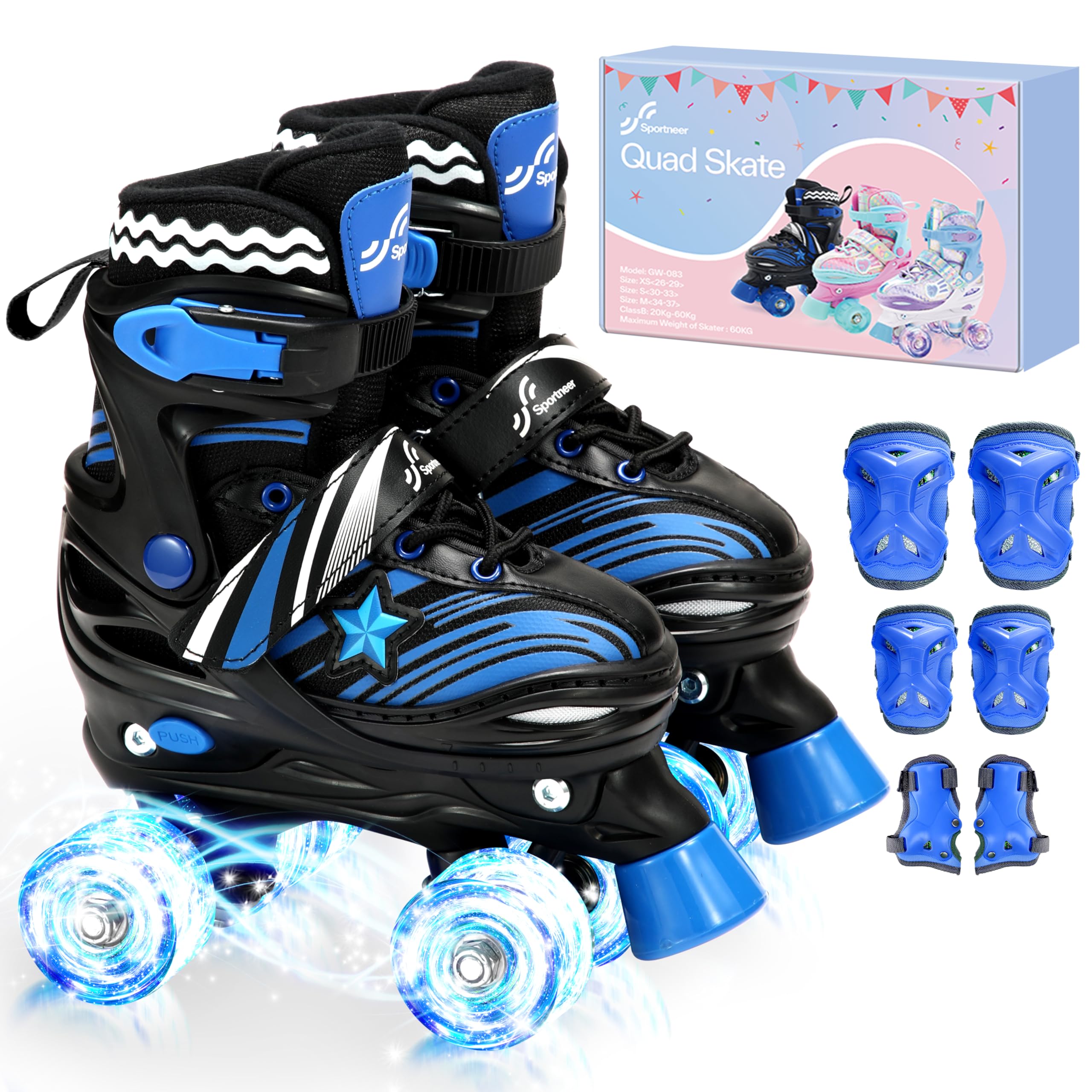 Sportneer Adjustable Kids Roller Skates with Light Up Wheels, 4 Sizes Fit for Girls Boys Ages 5–12, Fun Outdoor Indoor Quad Skates for Beginners, Safe Gift Set with Protective Gear Included Image