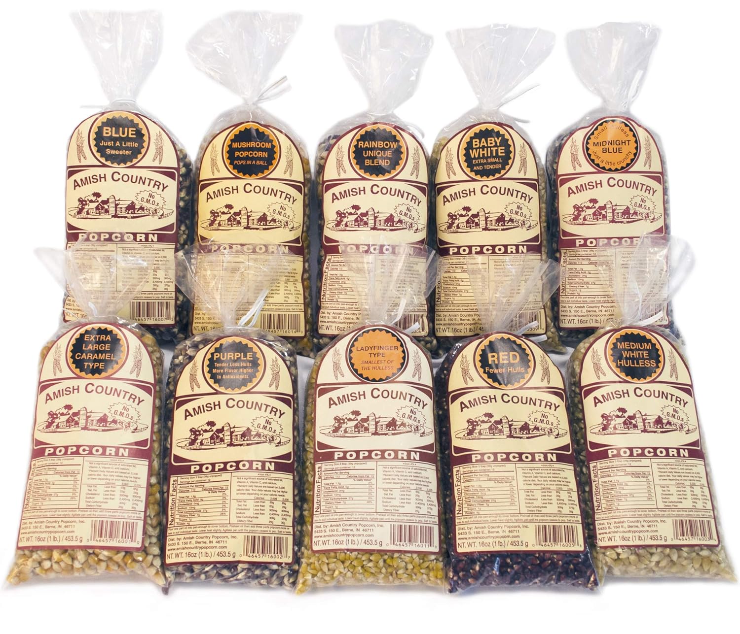 Amish Country Popcorn - 10 (1 Lb Bag) Variety Gift Set Bundle with Recipe Guide (Red, Blue, Medium White, Midnight Blue, Purple, Ladyfinger, Baby White, Rainbow, Extra Large Caramel, and Mushroom)