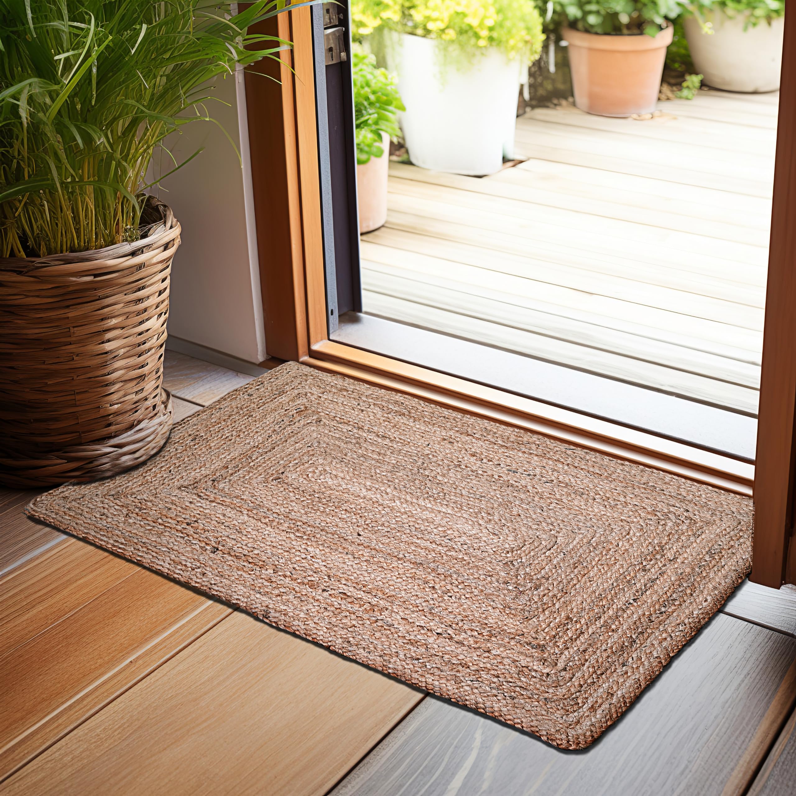 Photo 1 of Hausattire Hand Woven Jute Braided Rug, 2'x3' – Natural, Reversible Boho Entry Area Rugs for Kitchen, Living Room I Farmhouse Indoor Outdoor Decorative Floor Rug, 24x36 Inches