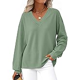 MASCOMODA Womens Tops Casual V Neck Waffle Knit Long Sleeve Shirts Trendy Loose Tunic Pullover Work Blouses Fall Outfits