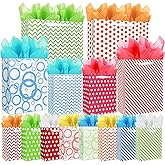 MUMULULU 28 PCS Assorted Sizes Gift Bags 14 Gift Bags 4 Sizes 14 Tissue Papers 7 Color Bulk Perfect for Birthday Weddings Partie and Holidays and Multiple Colors Available