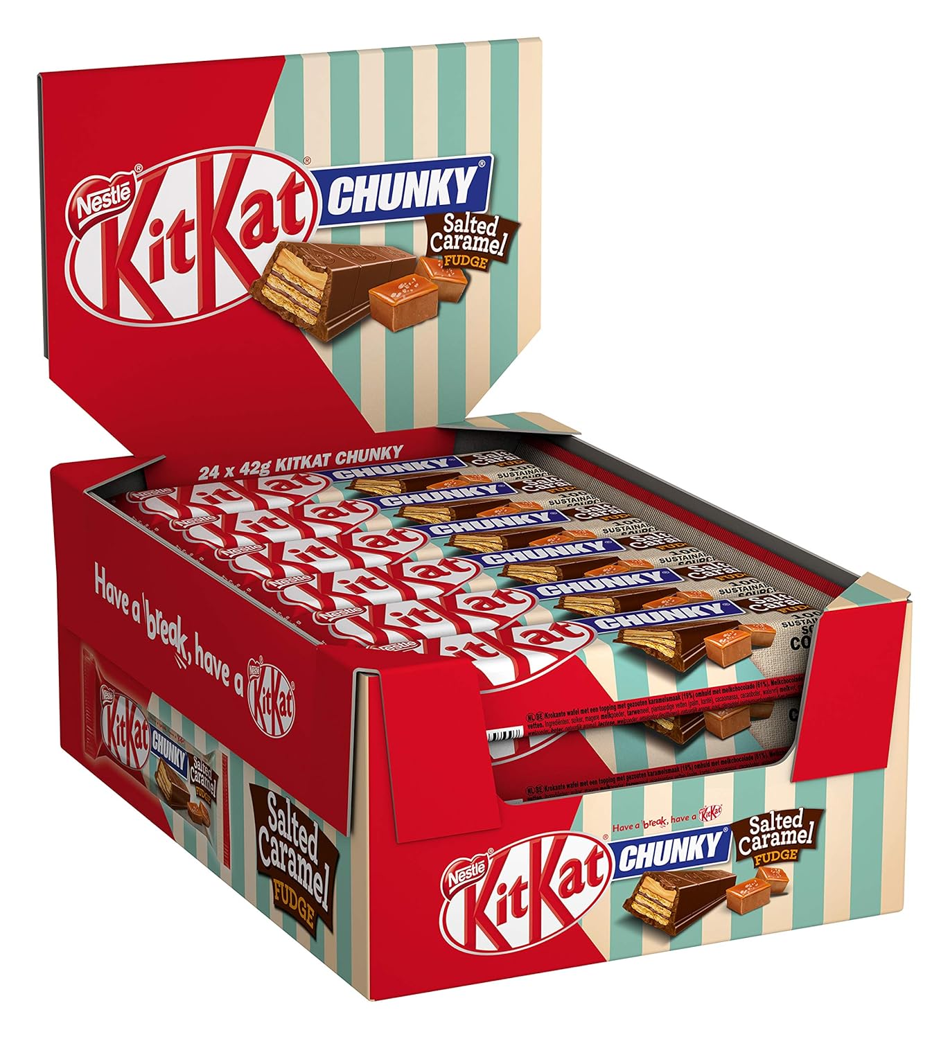 Nestle Kitkat Chunky Salted Caramel Fudge Schokoriegel Aus Milchschokolade Und Fudge Fullung Mit Salznote Knuspriger Waffel Multi Pack 24er Pack 24 X 42g Amazon De Lebensmittel Getranke