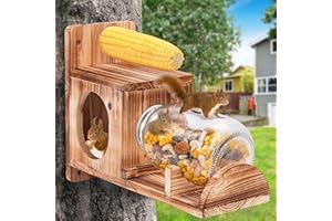 KYUUHIKU Squirrel Feeder, Wood Squirrel Feeders for Outside, Chipmunk Feeder for Corn Peanuts, Removable Storage Bottle, 1 Stable Squirrel Stools