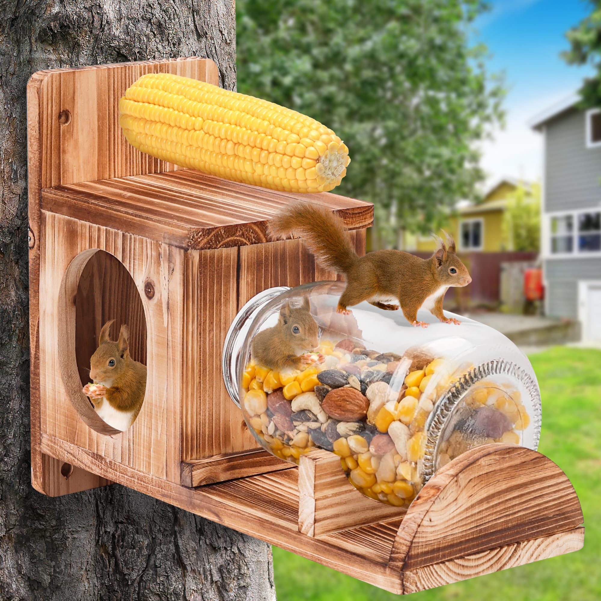 Photo 1 of Squirrel Feeder, Wood Squirrel Feeders for Outside, Chipmunk Feeder for Corn Peanuts, Removable Storage Bottle, 1 Stable Squirrel Stools