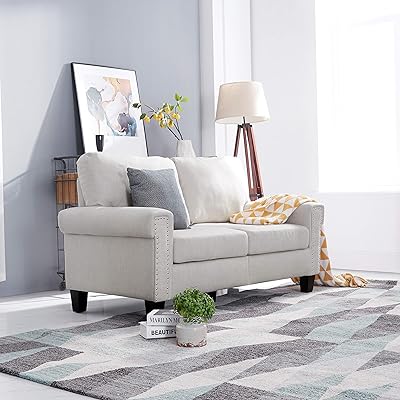 Traditional Upholstered 61-Inch Fabric Loveseat Couch, Beige