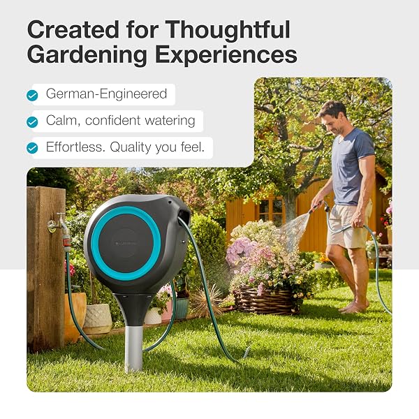GARDENA AUTOMATIC RETRACTABLE GARDEN HOSE REEL – 66 FEET – 360 DEGREE SWIVEL OUTDOOR HOSE REEL WITH METAL SPIKE BASE – AUTO RETRACT – UV RESISTANT HOUSING – EASY INSTALL NO TOOLS REQUIRED – 18614