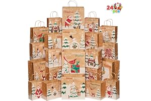JOYIN 24 PCS Christmas Kraft Gift Bags with Assorted Christmas Prints for Kraft present Bags, Christmas Goody Bags, Xmas Gift