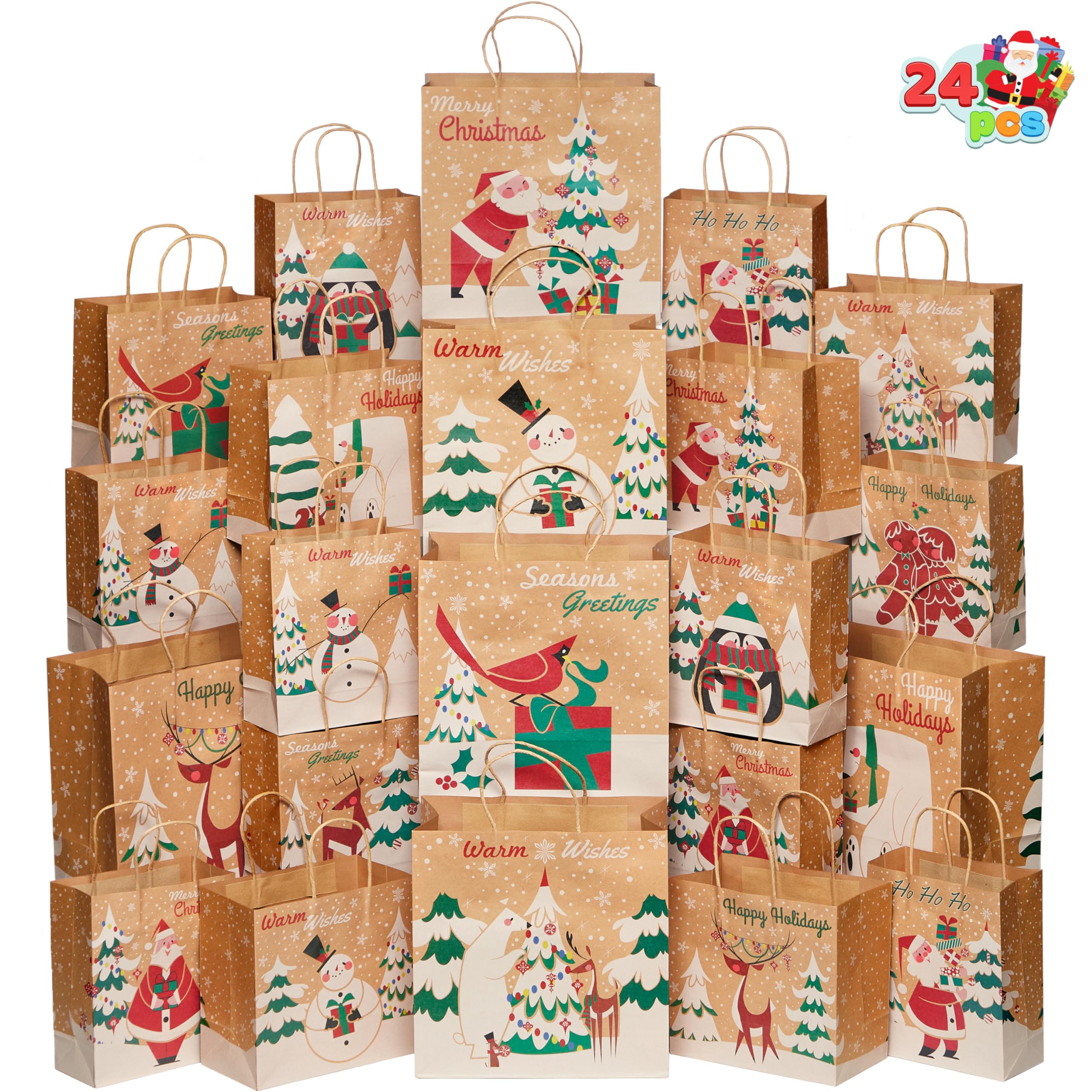 JOYIN 24 PCS Christmas Kraft Gift Bags With Assorted Prints for Goody Bags, Xmas Party Favors, School Classrooms (Tissue Paper Not Included)