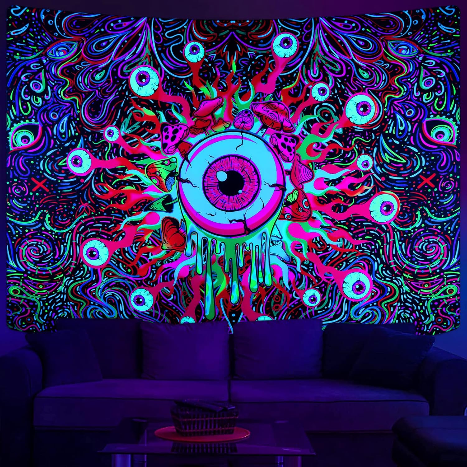 Tapestries - Boniboni Blacklight Mushroom Tapestry UV Eyes Tapestry Colorful Neon Tapestries Glow in The Dark Aesthetic Tapestry Wall Hanging for Bedroom, Room(51.2 x 59.1 inches)