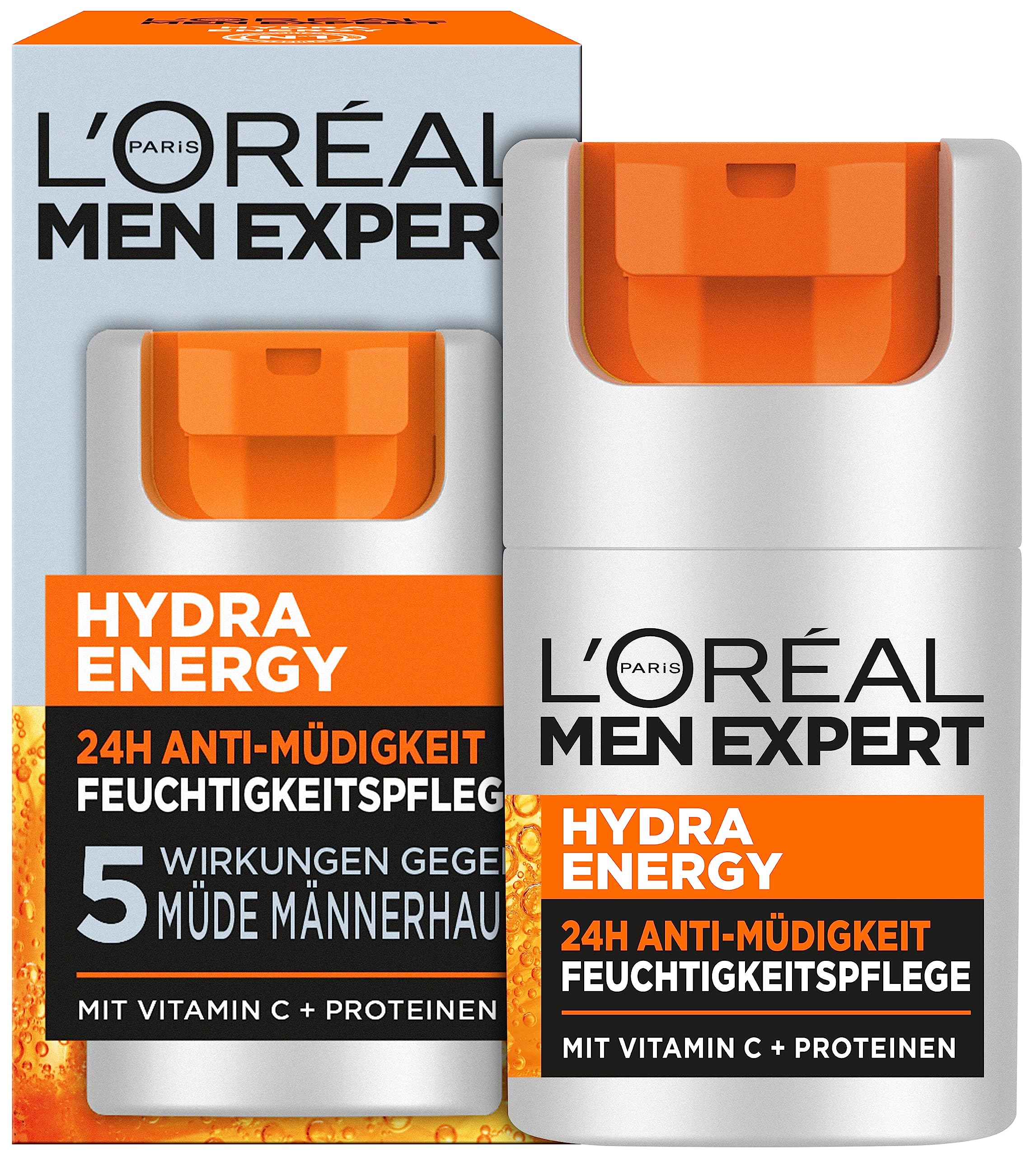 L'Oréal Men Expert Face Care for Tired Skin for Men, Invigorating Moisturising Cream 24H Anti-Fatigue, Face Cream for Men with Vitamin C and Proteins, Hydra Energy, 1 x 50 ml