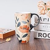 Topadorn Coffee Ceramic Mug Porcelain Latte Tea Cup With Lid in Present Box 17oz,Leaves & Flowers