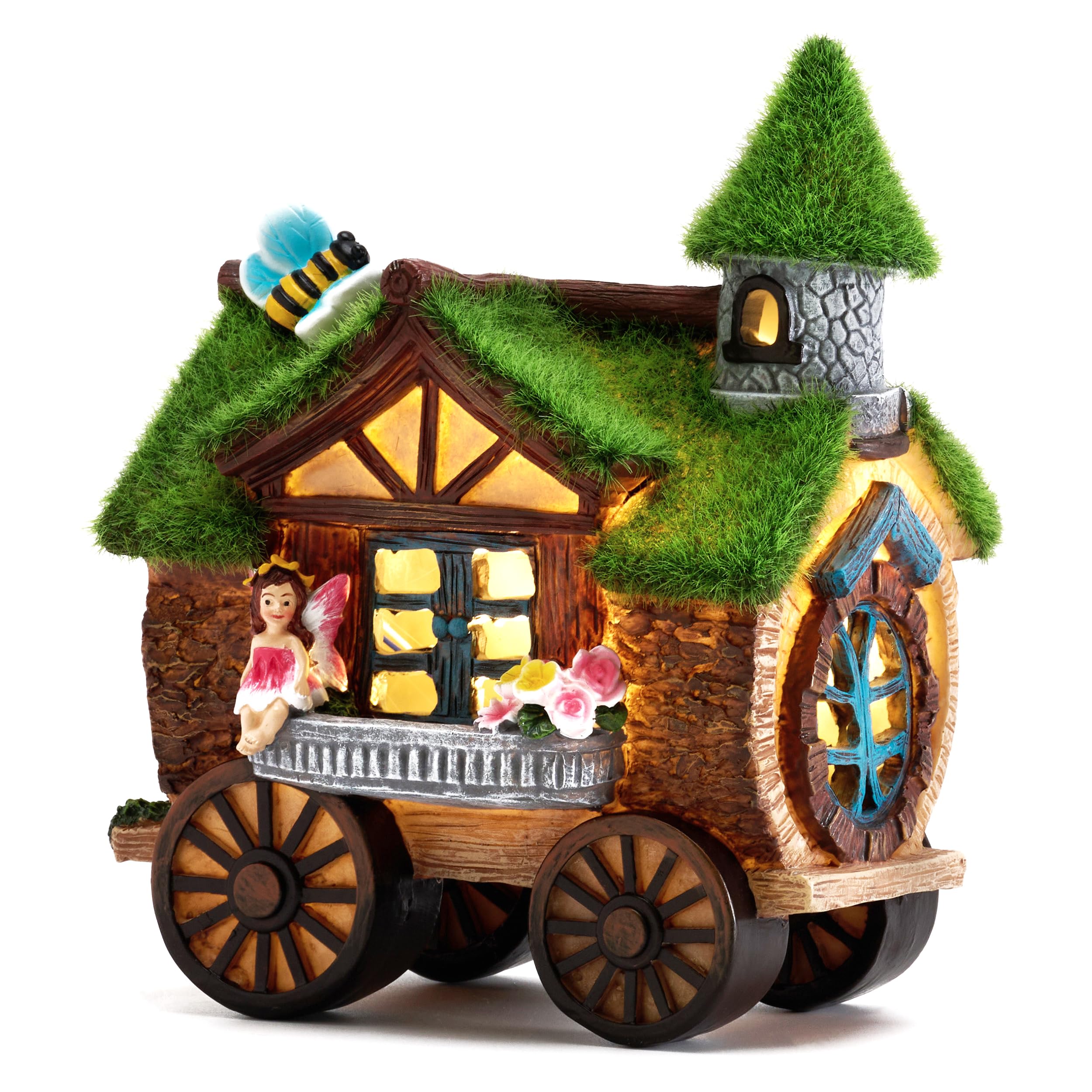 TERESA'S COLLECTIONS Garden Ornaments Outdoor, Lovely Carriage Fairy House with Solar Lights, Waterproof Resin Fairy House Ornaments, New Year Gifts, Indoor Outdoor 21CM