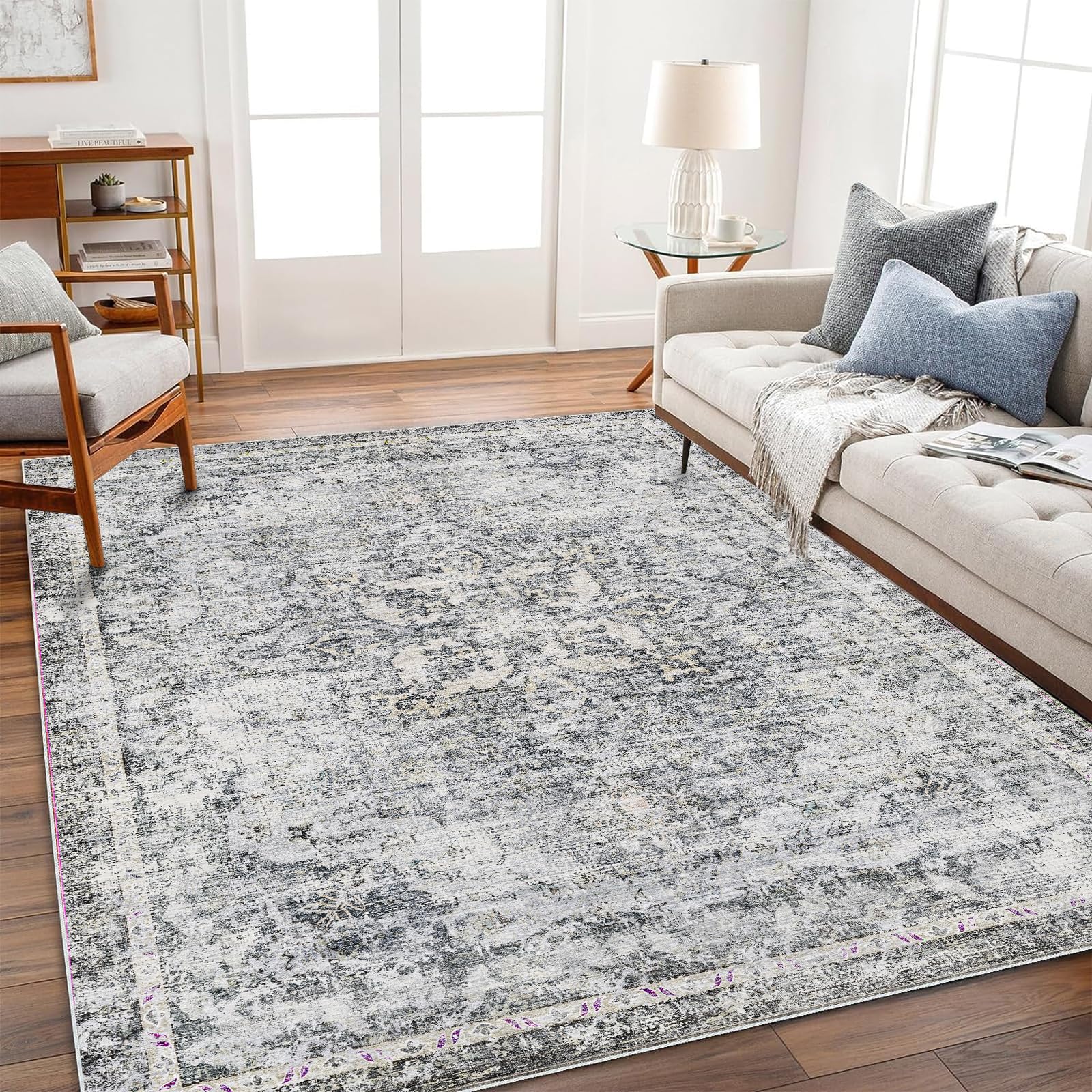 CHAMPLANT Area Rug 5'x7' Washable Rug Vintage Traditional Floor Cover Thin Retro Kitchen Indoor Distressed Non Slip Carpet for Living Room Bedroom Dining Room Image