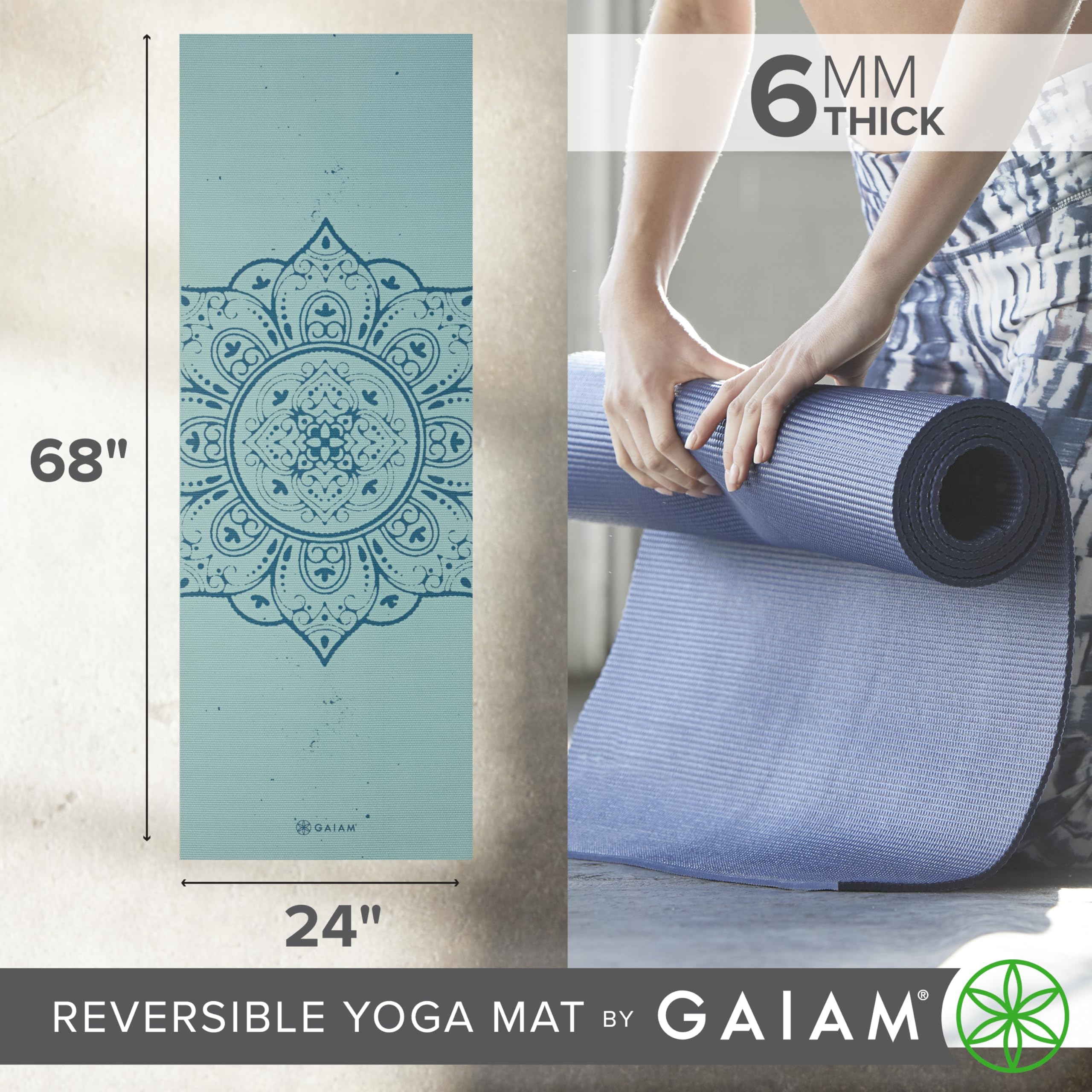 Gaiam Yoga Mat - Premium 6mm Print Reversible Extra Thick Non Slip Exercise & Fitness Mat for All Types of Yoga, Pilates & Floor Workouts (68 x 24 x 6mm Thick)
