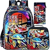 UFNDC 3PCS Boys Racing Car Backpack, Kids Bookbag with Lunch Box, Water Resistant School Bag for Elementary Preschool Toddler